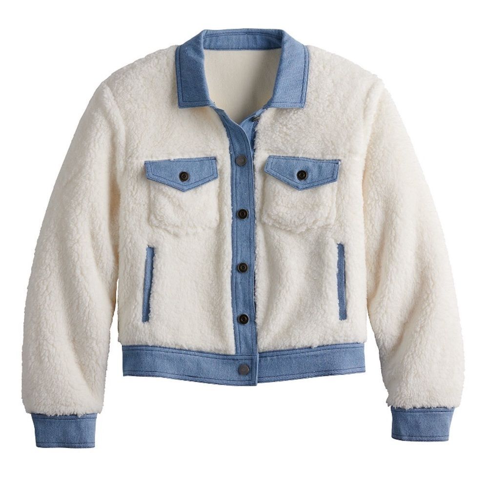 Sonoma x Lauren Lane Women Denim White Sherpa Button Front Jacket XXL Comfy